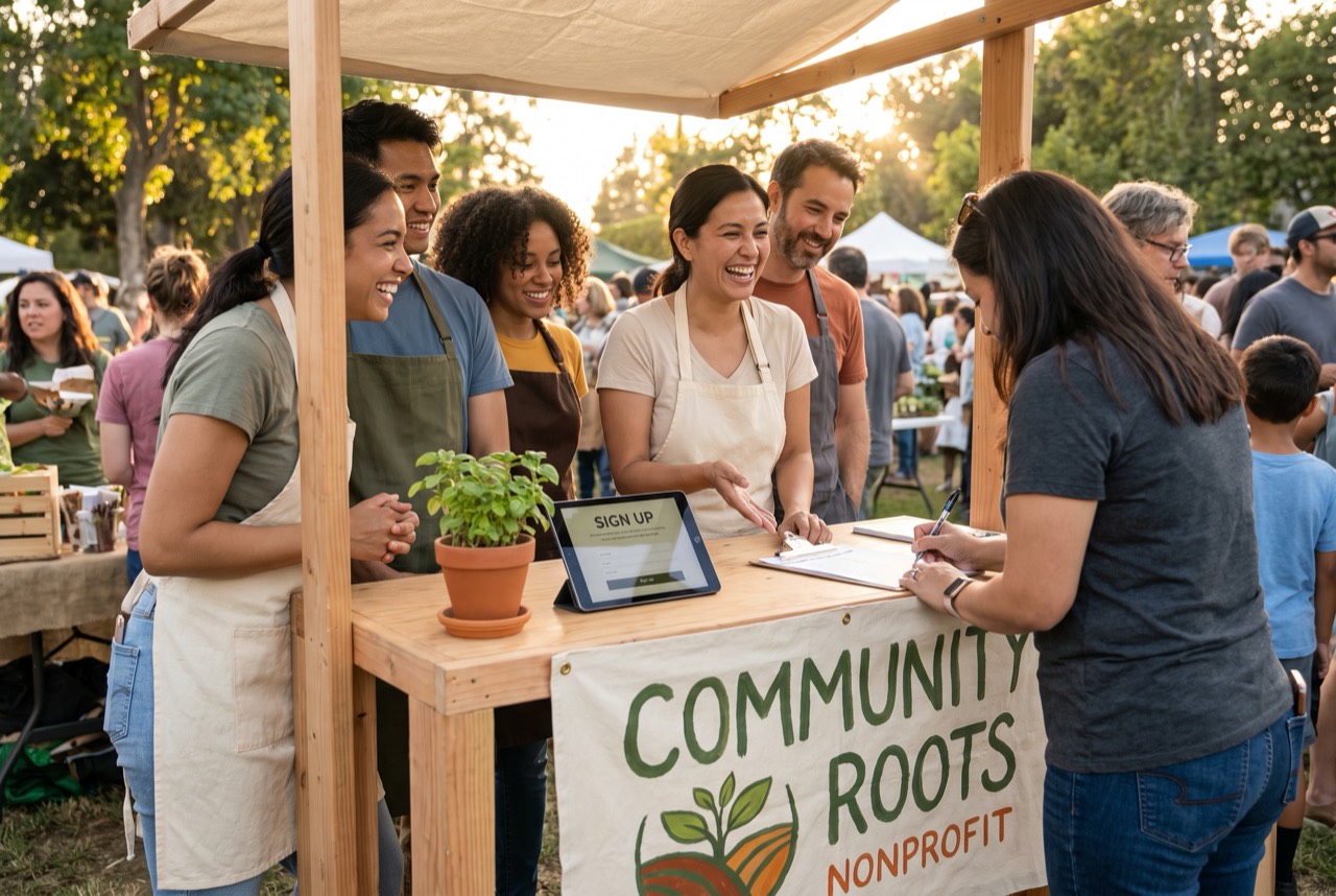 Nonprofit volunteers welcoming supporters and collecting sign-ups at a community event booth